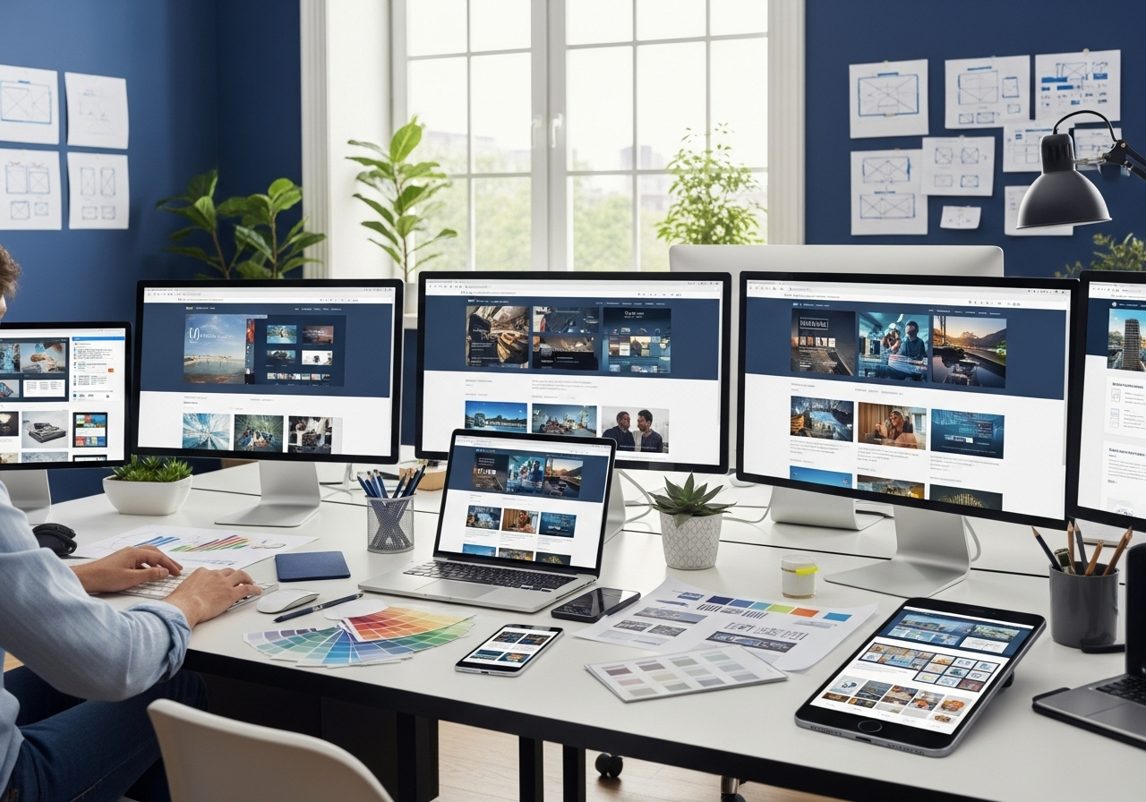 Modern web design workspace with laptop and design tools