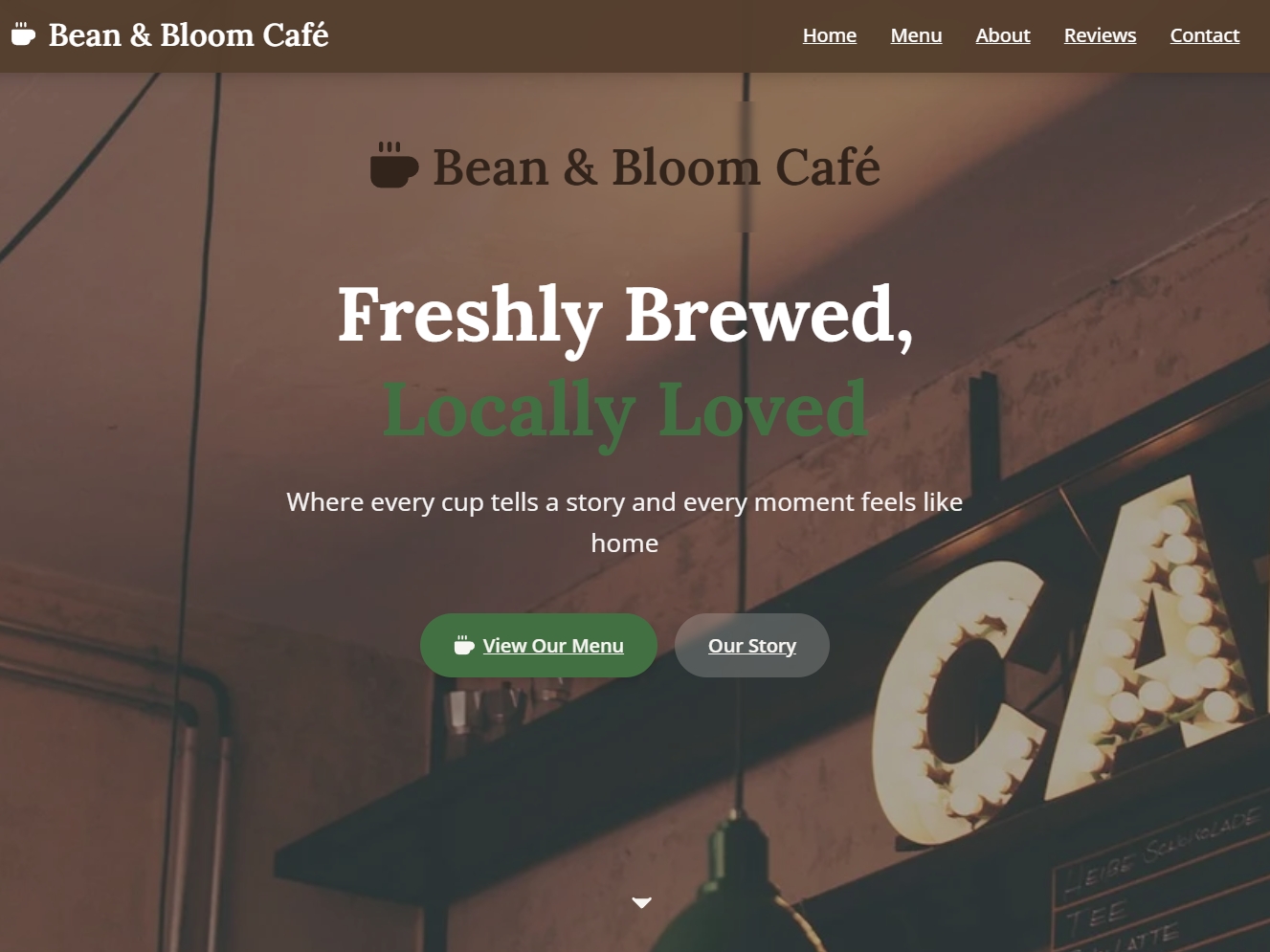 Bean Bloom Café website featuring a warm, rustic design with coffee-themed visuals and smooth scrolling