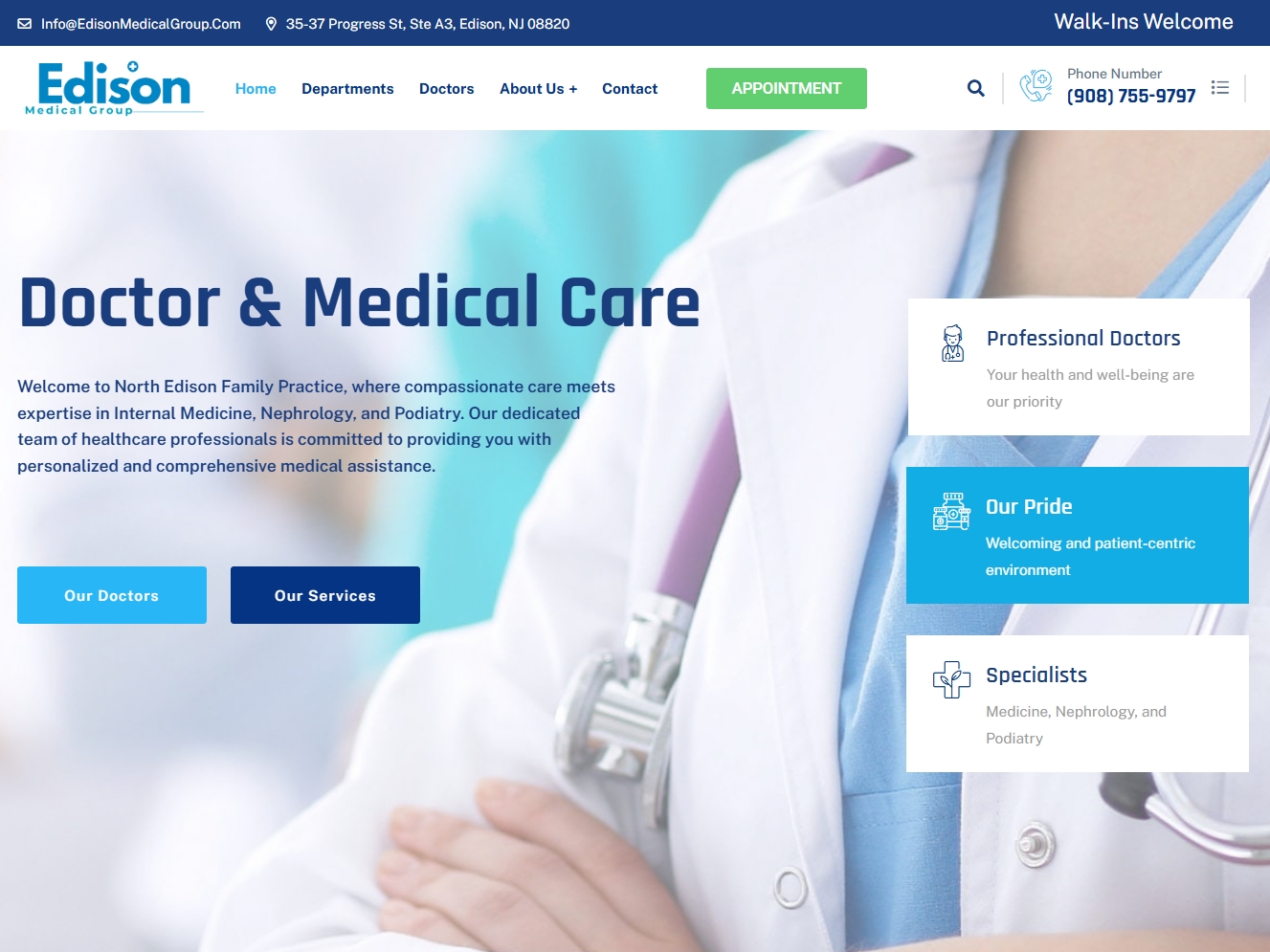 Edison Medical Group website with a straightforward, accessible layout and clear service navigation